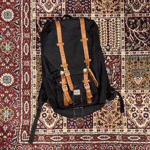 Herschel Black and Brown leather magnetic strap Backpack with red stripe Interio